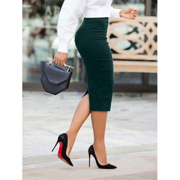 Elegant Green High-Waist Pencil Skirt With Back Slit Workwear Style