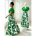 thumbnail image 1 of Elegant Green Leaf Pattern Wrap Cap Sleeve Fitted Maxi Dress For Women Spring Summer, 1 of 8
