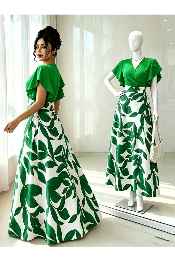 Elegant Green Leaf Pattern Wrap Cap Sleeve Fitted Maxi Dress For Women Spring Summer