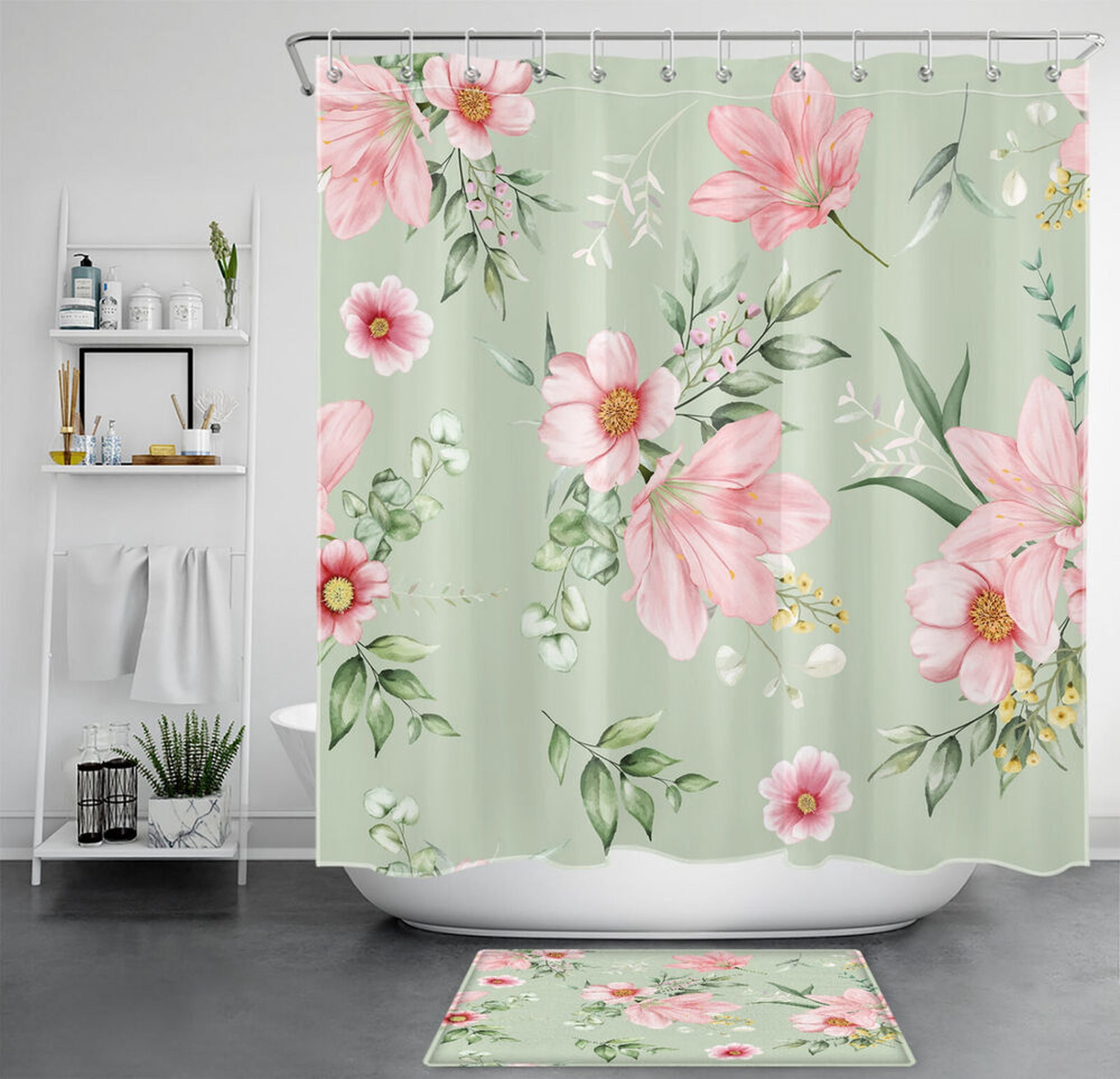 Classic Botanical Green Leaf Pink Floral Shower Curtain Set for ...