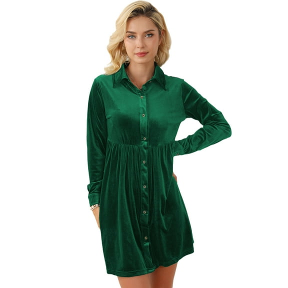 Elegant Green Long Sleeve Ruffle Velvet Button Up Mini Dress - [ZhiHiMeRi] | (US 16-18)XL