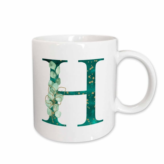 3drose, Elegant Green Monogram Initial H with Eucalyptus Leaves, 11oz Mug