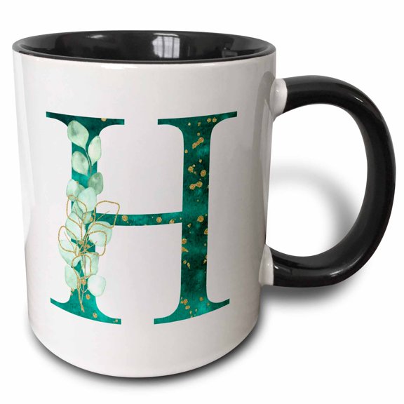 3drose, Elegant Green Monogram Initial H with Eucalyptus Leaves, 11oz Two-tone Black Mug