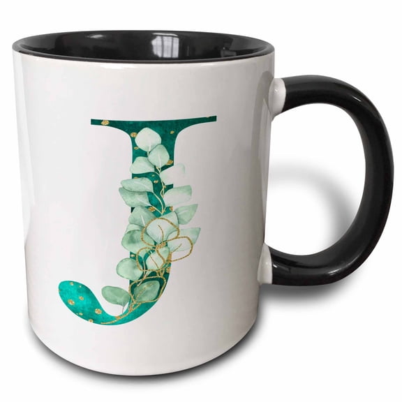3drose, Elegant Green Monogram Initial J with Eucalyptus Leaves, 11oz Two-tone Black Mug