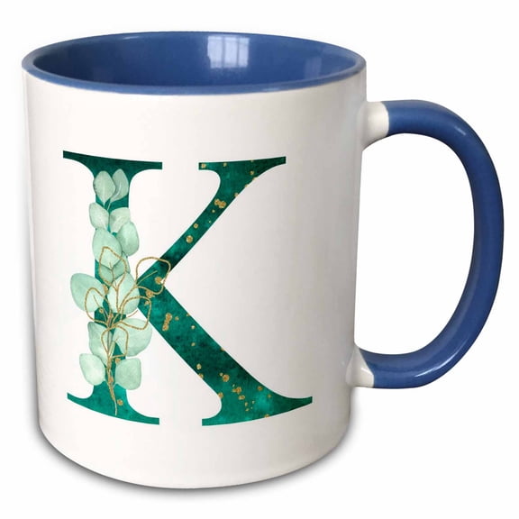 3drose, Elegant Green Monogram Initial K with Eucalyptus Leaves, 11oz Two-tone Blue Mug