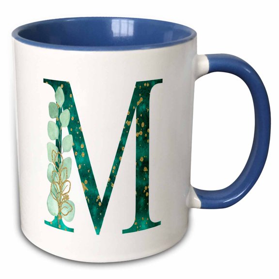 3drose, Elegant Green Monogram Initial M with Eucalyptus Leaves, 11oz Two-tone Blue Mug