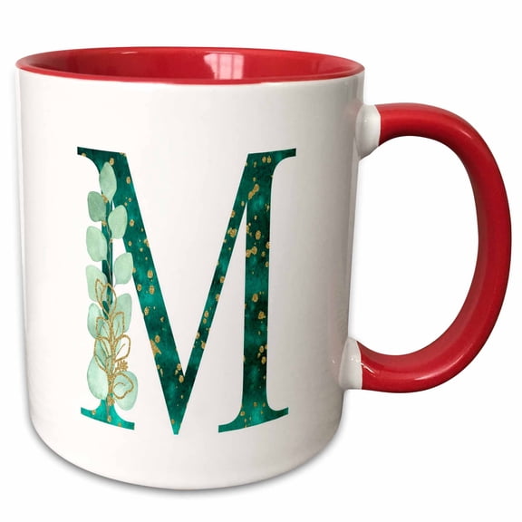 3drose, Elegant Green Monogram Initial M with Eucalyptus Leaves, 11oz Two-tone Red Mug