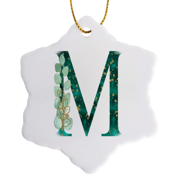 3drose, Elegant Green Monogram Initial M with Eucalyptus Leaves, 3 inch Snowflake Porcelain Ornament
