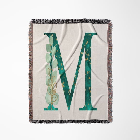 Elegant Green Monogram Initial M With Eucalyptus Leaves, Woven Blanket