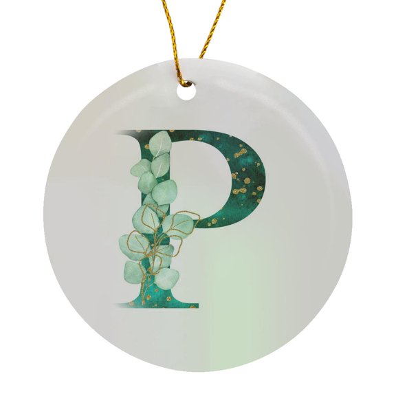 3drose, Elegant Green Monogram Initial P with Eucalyptus Leaves, Circle Porcelain Ornament