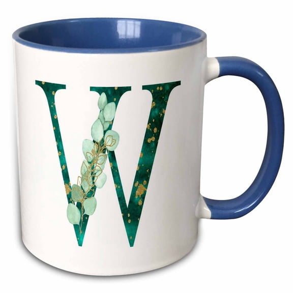 3drose, Elegant Green Monogram Initial W with Eucalyptus Leaves, 15oz Two-tone Blue Mug