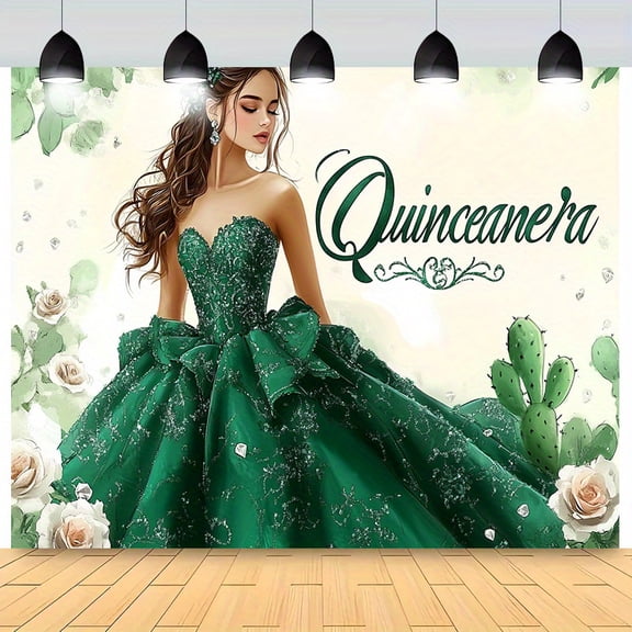 Elegant Green Quinceanera Backdrop Mis Quince 15 Anos Birthday Photography Background for Girls White Rose Cactus Green Princess Dress Quinceanera Party Decorations Banner Supplies Photo Booth Props