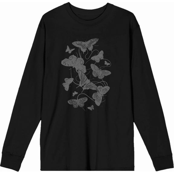Elegant Grey Butterflies Adult Black Crew Neck Long Sleeve Tee-XL