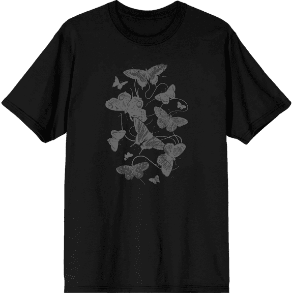 Elegant Grey Butterflies Adult Black Crew Neck Short Sleeve Tee-XS