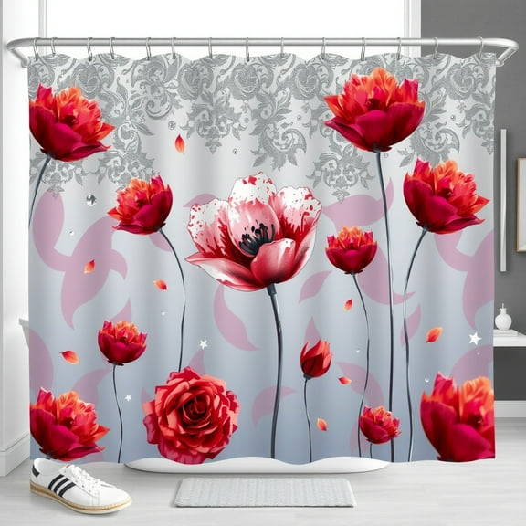 Elegant Grey Shower Curtain with Red & White Floral Design and Silver Filigree
