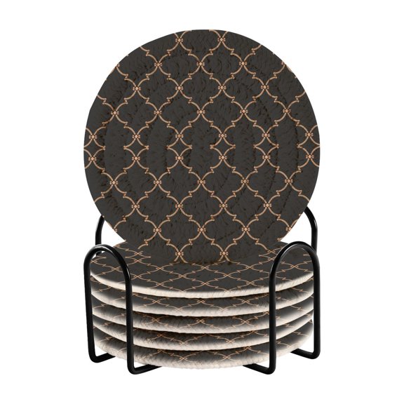 Elegant Grid Lines Coasters with Holder for Coffee Table 6 Pcs Drink Coaster Sets Absorbent for Home Decor 4 inch