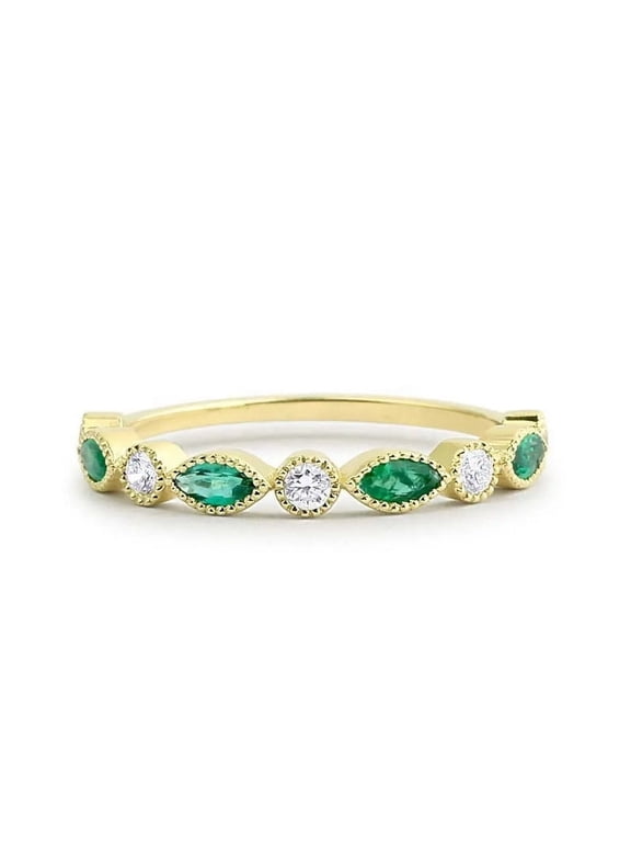 Elegant Half Eternity Bezel Set Wedding Band Ring – Marquise & Round Cut Lab-Created Emerald & Moissanite, 925 Sterling Silver, Women’s Ring, Anniversary Jewelry
