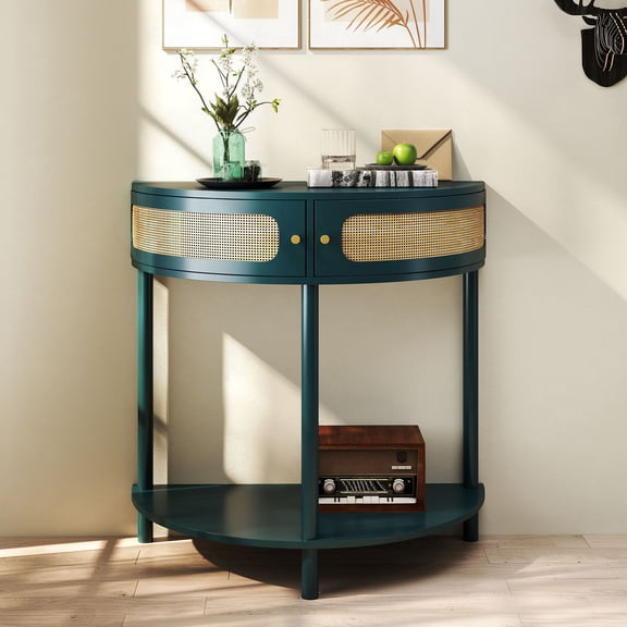 Elegant Half Moon Design Console Table in Antique Green with Rattan Drawers and Bottom Shelf for Stylish Storage