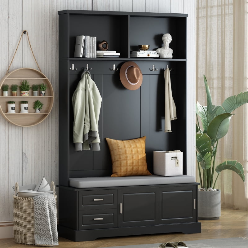 Black MDF Hall Tree with Storage and Hooks