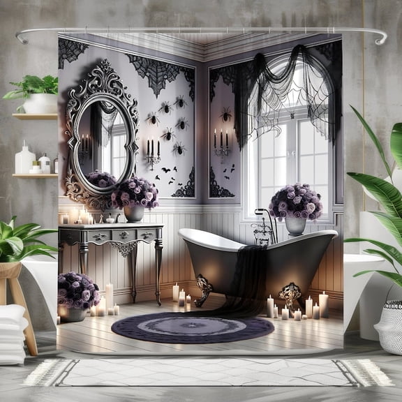 Elegant Halloween Bathroom Shower Curtain, Romantic Gothic Shower Décor, Gothic Glamour Art, Haunted Chic Vibes, Bewitching Bathroom Luxury Decor