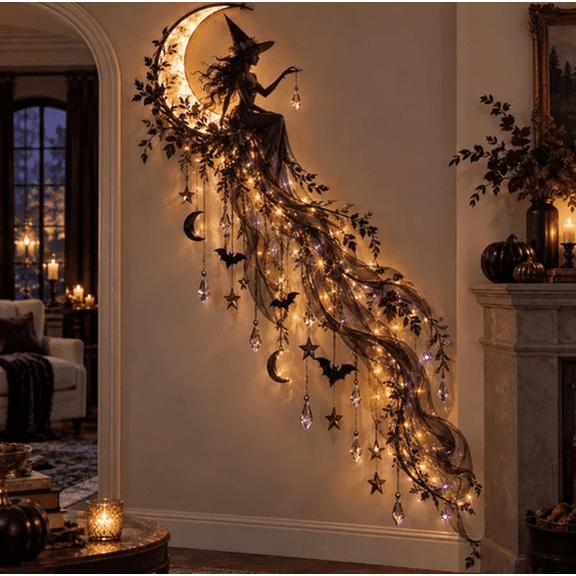 Elegant Halloween Cascade Wall Light, Beautiful by Day Glowing by Night, Layered Wall Decor with Hanging Accents and Atmospheric Glow