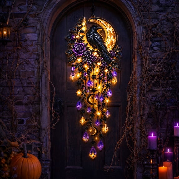 Elegant Halloween Cascade Wall Light, Black Crow Silhouette Style Halloween Wall Hanging Decor with Gothic Design LED Lighted Wall Ornament for Fireplace Entryway Halloween Decor