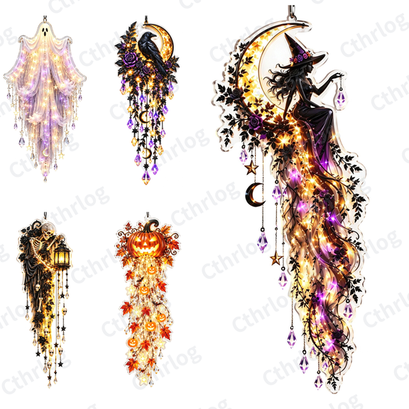 Elegant Halloween Cascade Wall Light Collection, Crystal Tassel Acrylic Wall Art, Witch & Raven Gothic Motifs, Halloween Wall Decor, Halloween Decorations Indoor for Indoor Display-B
