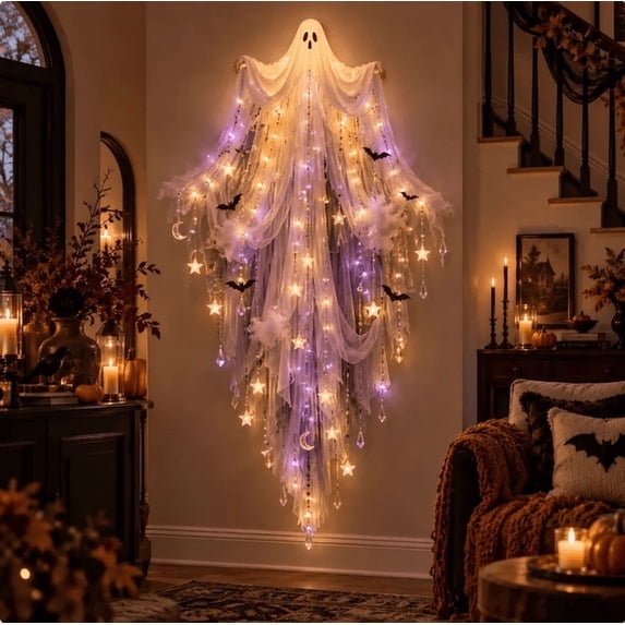 Elegant Halloween Cascade Wall Light, Ghost Midnight Decor with Ghost and Cascading Crystals, Gothic Wall Hanging for Halloween Home Decor