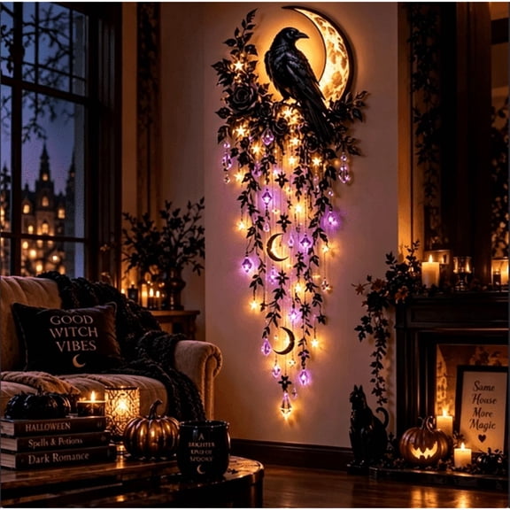 Elegant Halloween Cascade Wall Light, Raven Midnight Decor with Raven Crescent Moon and Cascading Crystals, Gothic Wall Hanging for Halloween Home