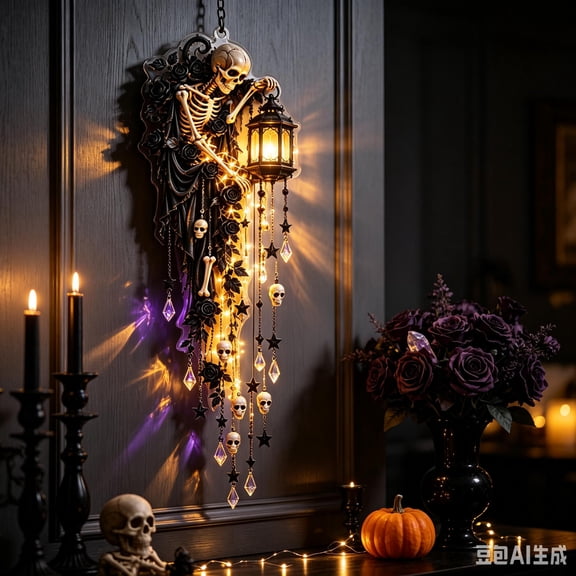 Elegant Halloween Cascade Wall Light, Skeleton Lantern Gothic Wall Accent, Cascading Hanging Design for Elegant Halloween Home Decor