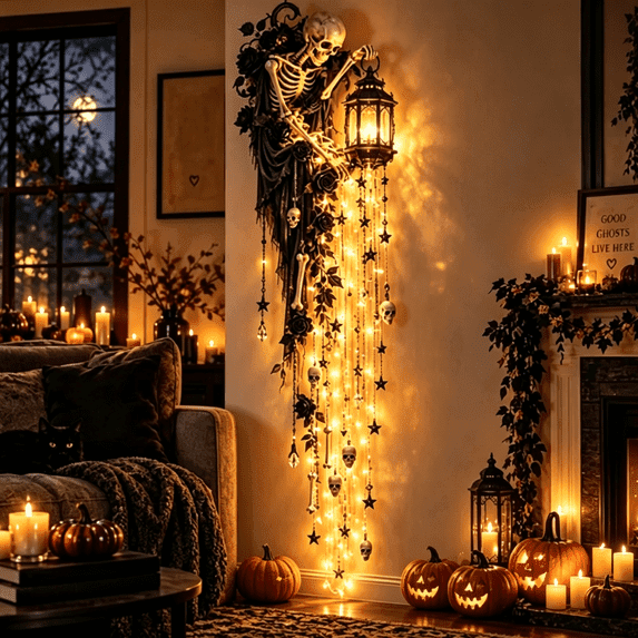 Elegant Halloween Cascade Wall Light, Skeleton Midnight Decor with Skeleton and Cascading Crystals, Gothic Wall Hanging for Halloween Home Decor