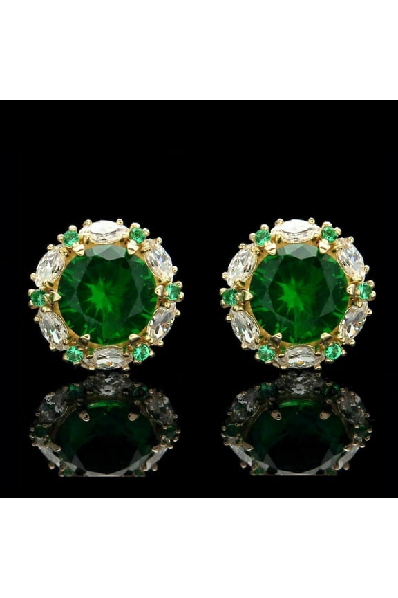 Elegant Halo Stud Earrings 14K Yellow Gold Plated Silver 2Ct Round VVS1/D Cut Lab Created Green Emerald & Diamond