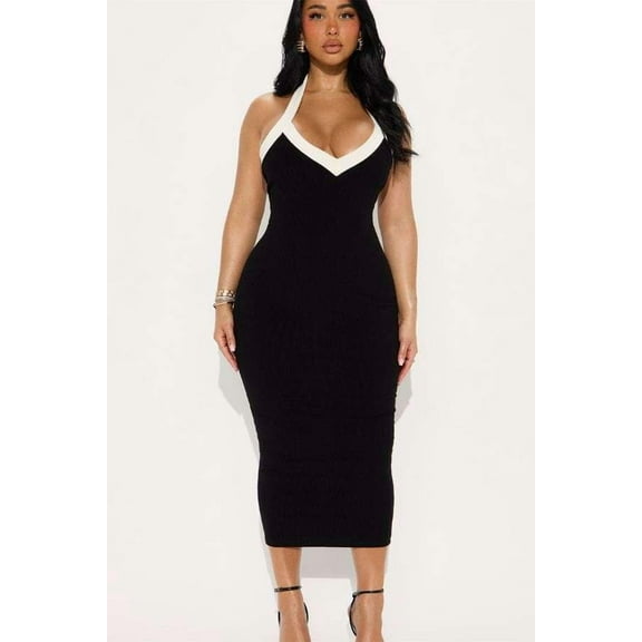 Elegant Halter Maxi Dress (L, Black)