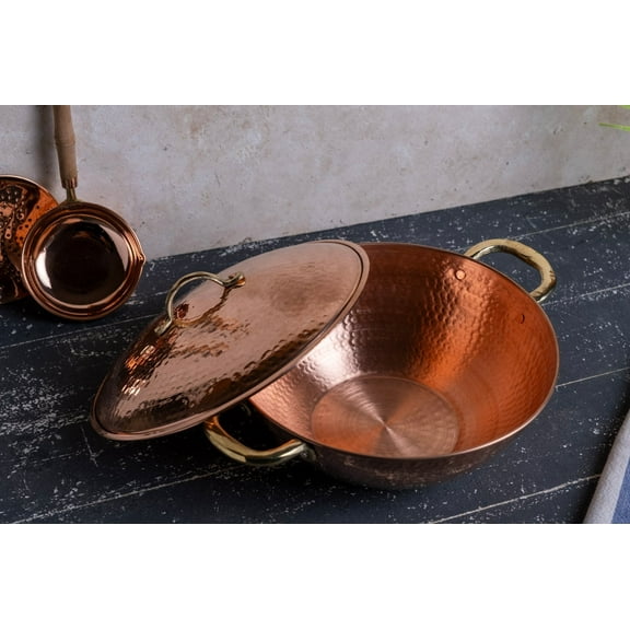 Elegant Hand-Hammered Copper Stew Pot with Lid, Traditional Pan for Serving & Cooking with Brass Handles
