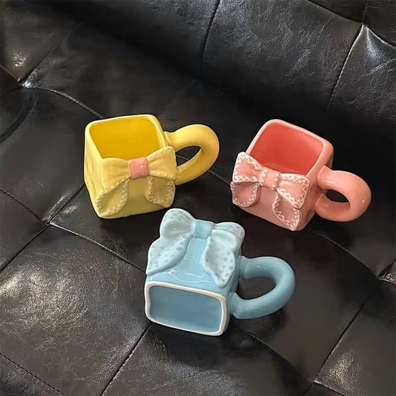 Elegant Hand-Painted Square Ceramic Coffee Mug - Unique Bow Design for Home and Office Use