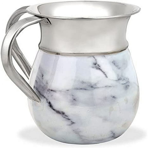 Elegant Hand Washing Cup 5.5" Aluminum with Marble Decal Decorated For Netilat Yadayim, Passover By Zion Judaica (Carrara White)