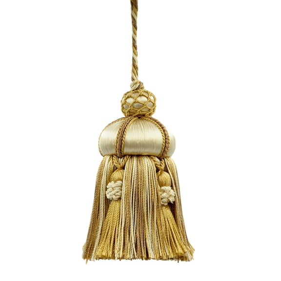 Elegant Hand-crafted 4" (10cm) Key Tassel, 3 1/2" (8.5cm) Loop accented with Crown Tassels # KTAX4,, Almond Beige #LX01 (Gold Beige, Light Brown, White Ivory) Set of 4