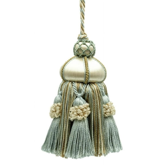 Elegant Hand-crafted 4" (10cm) Key Tassel, 3 1/2" (8.5cm) Loop accented with Crown Tassels # KTAX4,, Cream Ivory Blue #LX03 (Light Blue, Light Beige, White Ivory) Set of 4