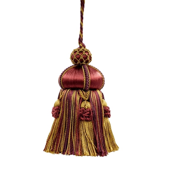 Elegant Hand-crafted 4" (10cm) Key Tassel, 3 1/2" (8.5cm) Loop accented with Crown Tassels # KTAX4, Golden Brown Beige #LX09 (Golden Beige, Dark Red, Plum Purple) Set of 2