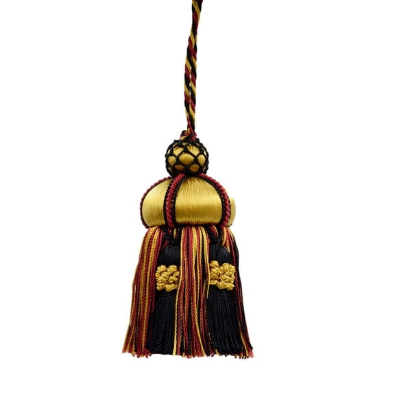 Elegant Hand-crafted 4" (10cm) Key Tassel, 3 1/2" (8.5cm) Loop accented with Crown Tassels # KTAX4,, Golden Raven Black #LX10 (Pure Black, Yellow Gold, Cherry Red) Set of 4