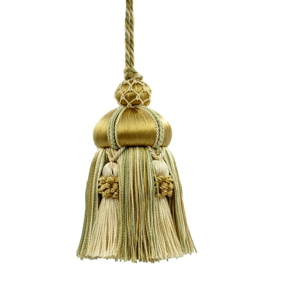 Elegant Hand-crafted 4" (10cm) Key Tassel, 3 1/2" (8.5cm) Loop accented with Crown Tassels # KTAX4, Lemongrass Gold #LX02 (Light Gold, Yellow Gold, Sage Green) Set of 2