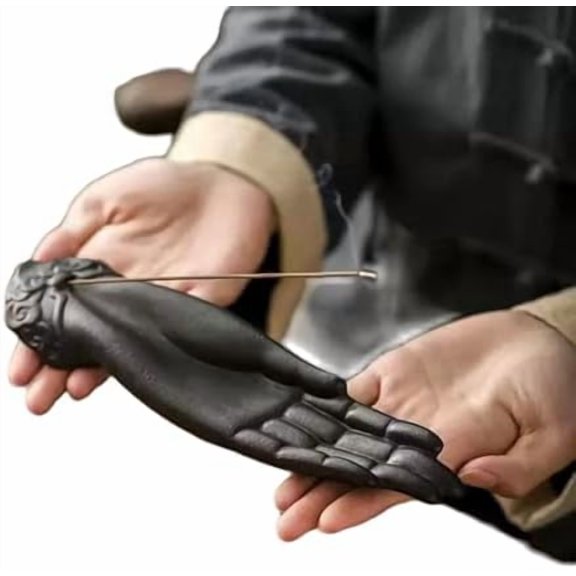 Elegant Handcrafted Ceramic Incense Holder & Burner for Sticks - Zen Meditation Decor with Buddha Hand Design, Evil Protection Gift (Charcoal Black)