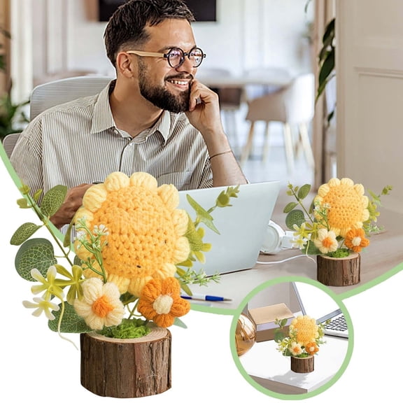 Elegant Handmade Knitted Potted Crochet Flower Bouquet Desktop Ornament for Stylish Home Desk Decoration Accessories