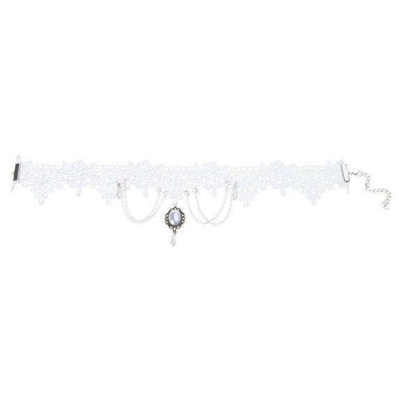 Elegant Lace Collar Chain Stylish White Lace Collar Choker with Victorian Charm and Central Gemstones Charm