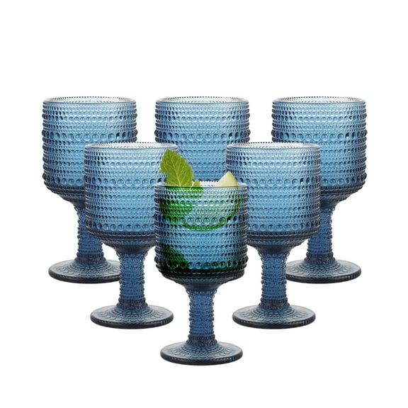 Elegant Handmade Vintage Blue Wine Glasses Set of 6, Dishwasher Safe, Comfortable Grip - Genuine Colored Glass, Perfect for Weddings, Dinner Parties, Home Bar, Gifts & Daily Use, 10oz