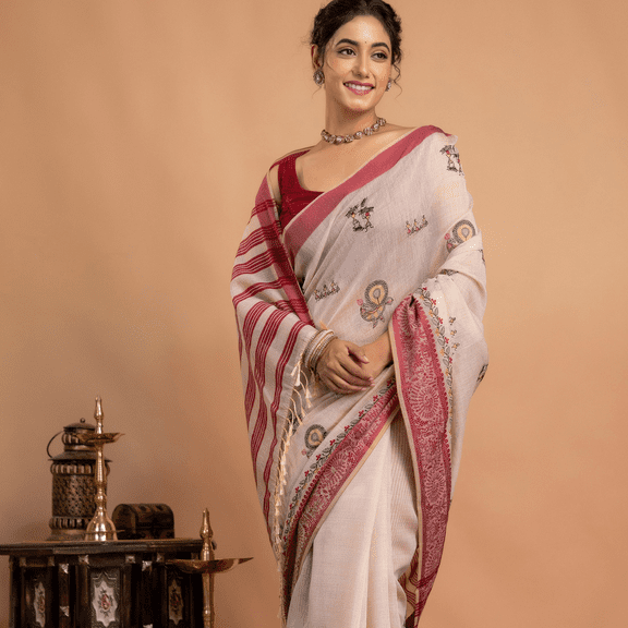 Elegant Handwoven Cream Saree with Red Border and Traditional Motifs  Timeless Ethnic Grace for Festive and Cultural Occasions