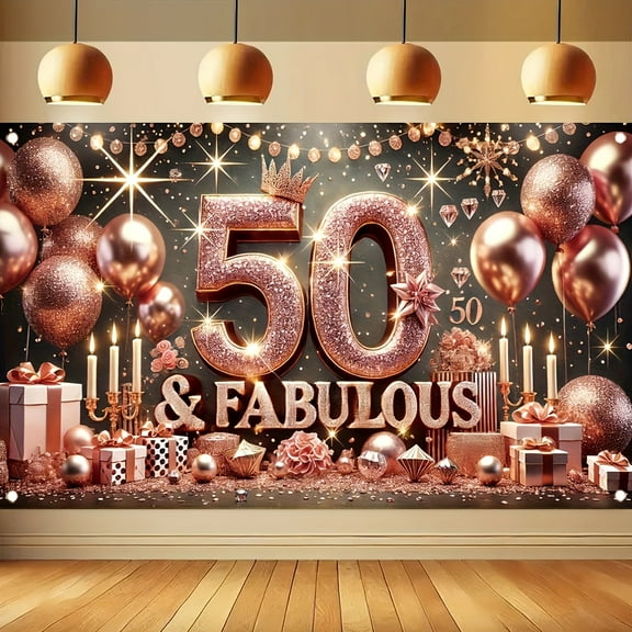 Elegant Happy 50th Birthday Backdrop Rose Gold Diamonds Fabulous 50th Birthday Background for Women Glitter Balloons Crown Fifty Years Old Birthday Party Decorations Banner Photo Booth Props