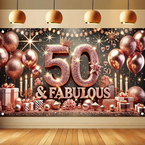 Elegant Happy 50th Birthday Backdrop Rose Gold Diamonds Fabulous 50th Birthday Background for Women Glitter Balloons Crown Fifty Years Old Birthday Party Decorations Banner Photo Booth Props