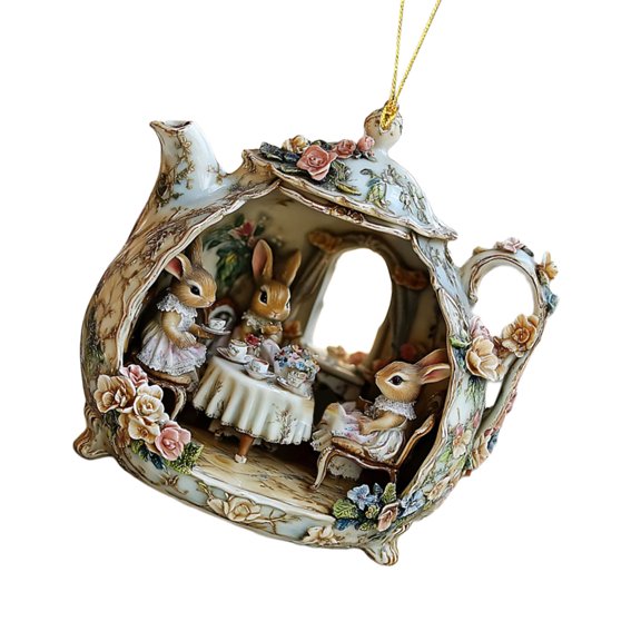 Elegant Hare In Teacup Accent Charm Acrylic Car Interior Pendant For Decorative Home or