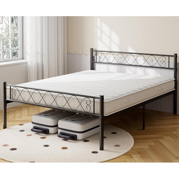 Metal Platform Bed Frame with Elegant heart motif headboard and footboard, adds a charming touch, Sturdy all for Bedroom,Full,Black